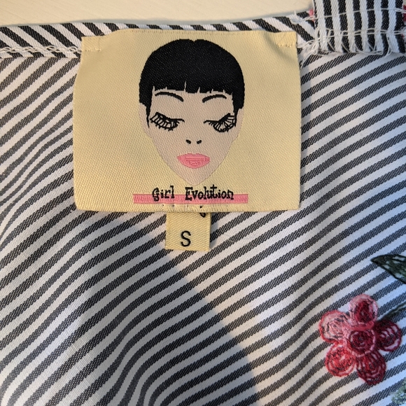 Pinstripe Floral Embroidered Blouse w/ Ruffles - Picture 5 of 5